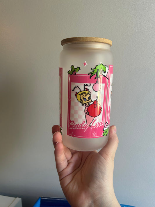 Pink Green Guy Christmas Glass Can