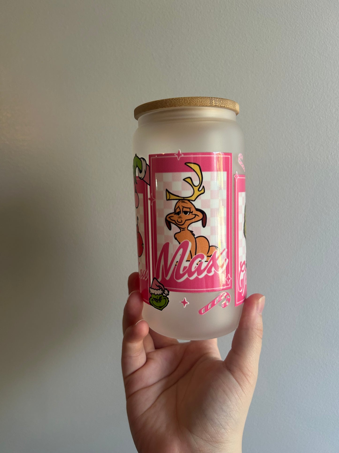 Pink Green Guy Christmas Glass Can