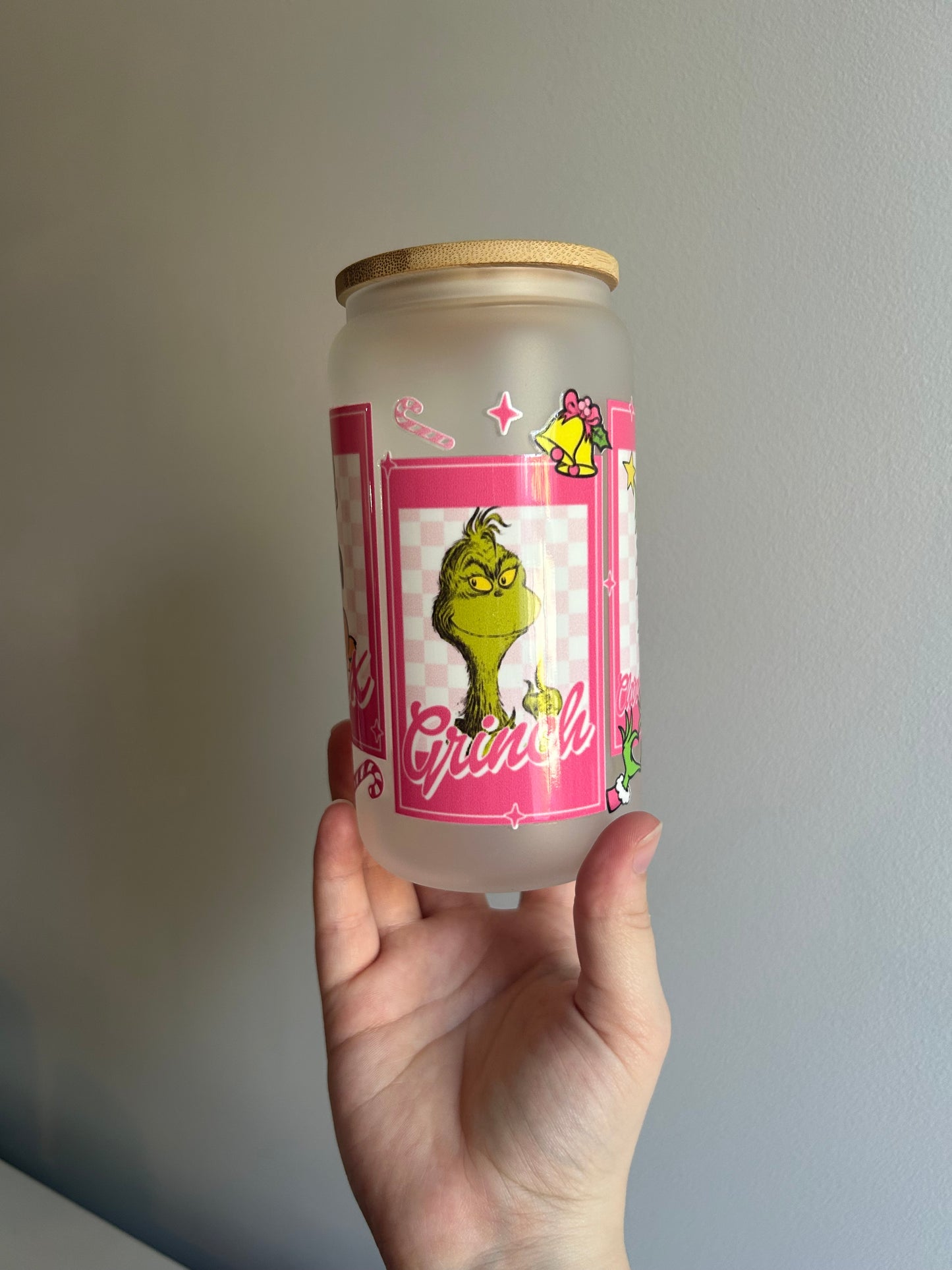 Pink Green Guy Christmas Glass Can